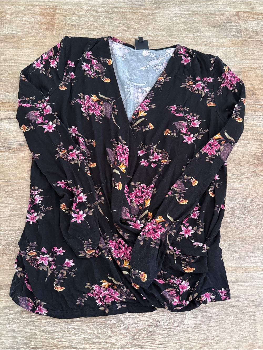 Women's Black Floral Wrap Top - Pink Floral Print